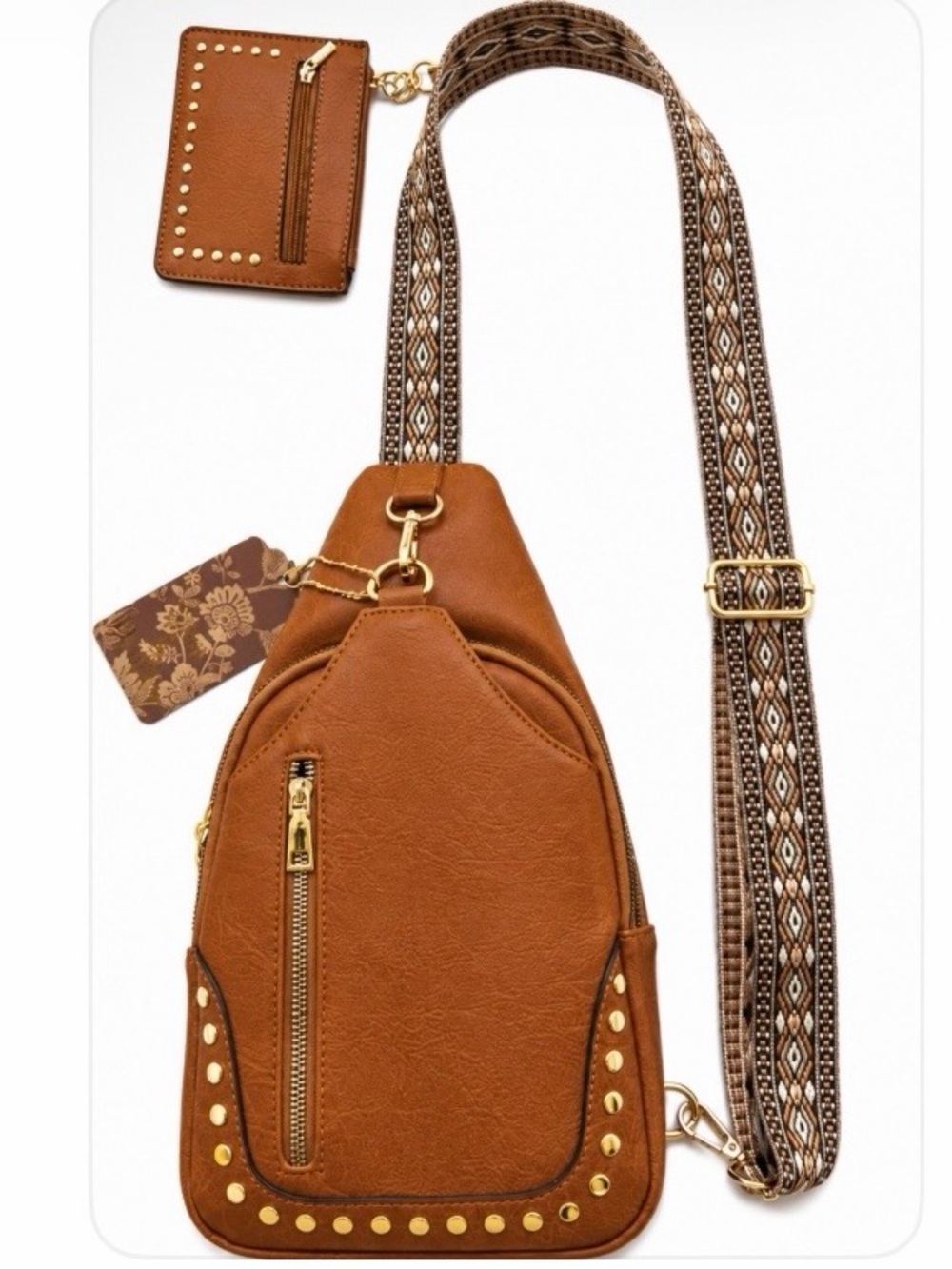 Brown Crossbody Sling Bag with Stud Accents